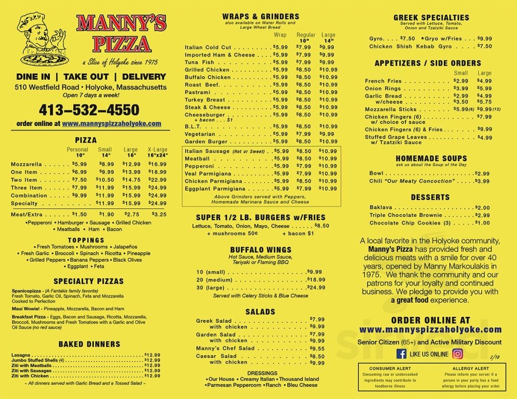 Manny's Pizza & Grinders menu in Holyoke, Massachusetts, USA