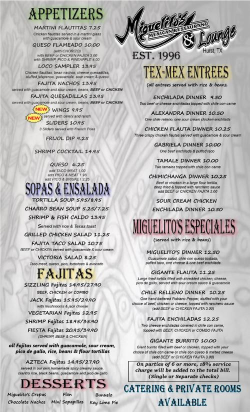 Miguelito's Mexican Restaurant menu in Hurst, Texas, USA
