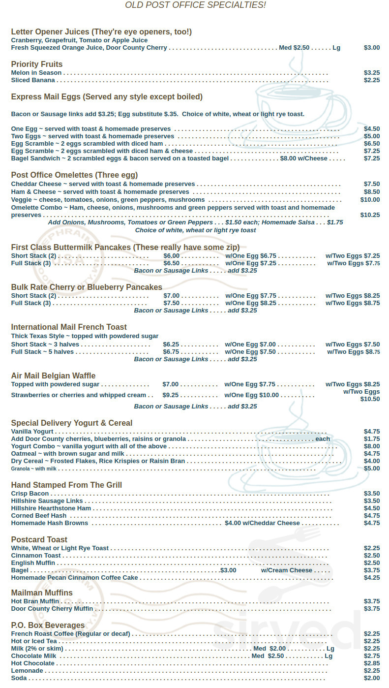 The Old Post Office Restaurant breakfast menu in Ephraim, Wisconsin