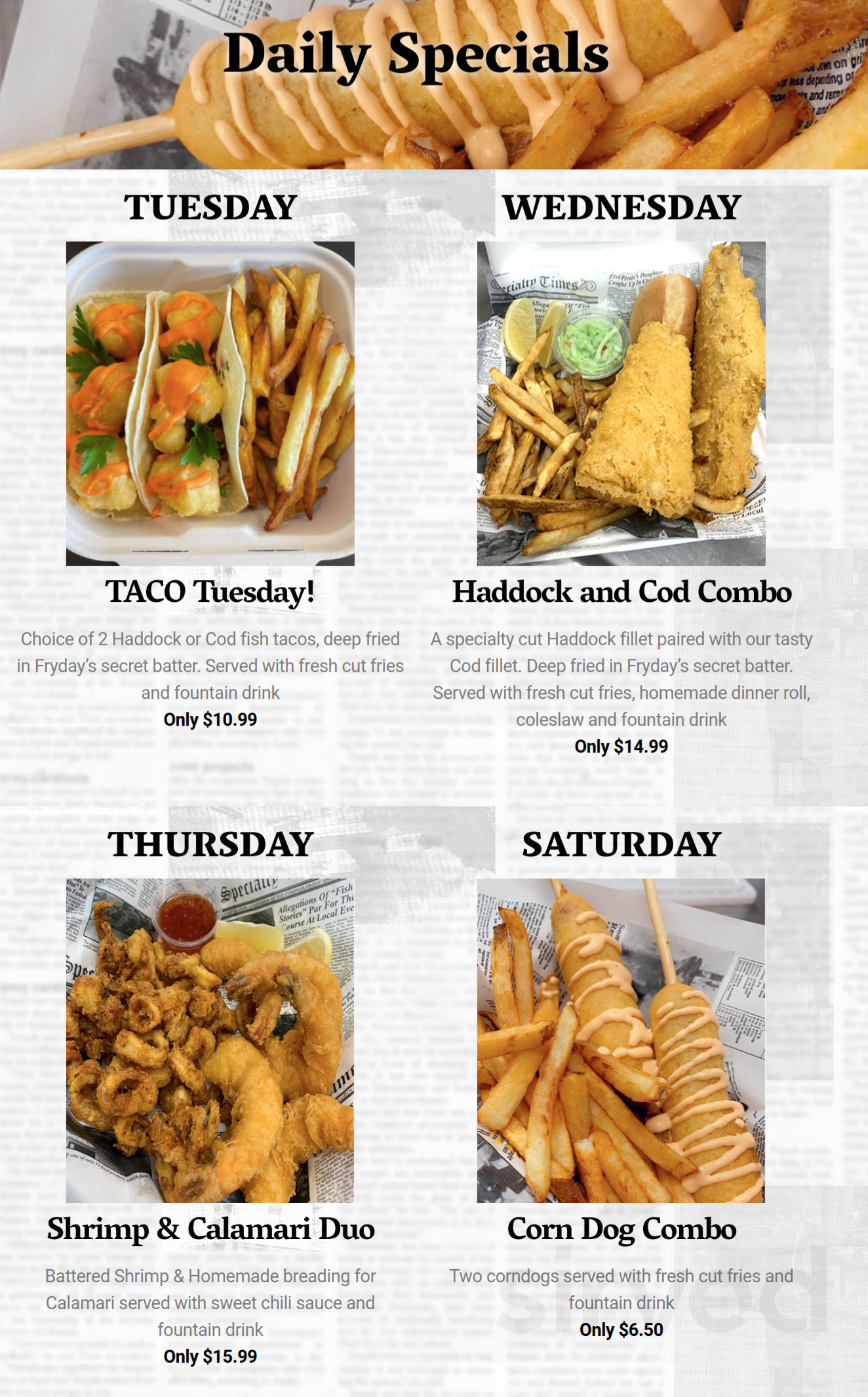 Frydays Authentic Fish & Chips menus in Windsor, Ontario, Canada