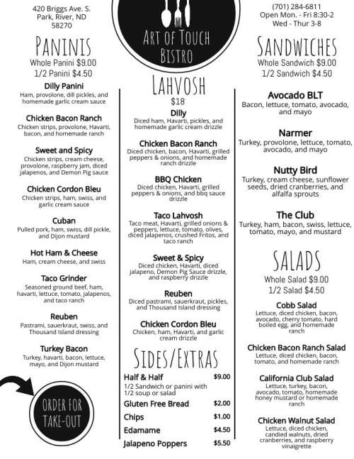 Art of Touch Bistro and Espresso Bar menu in Park River, North Dakota, USA