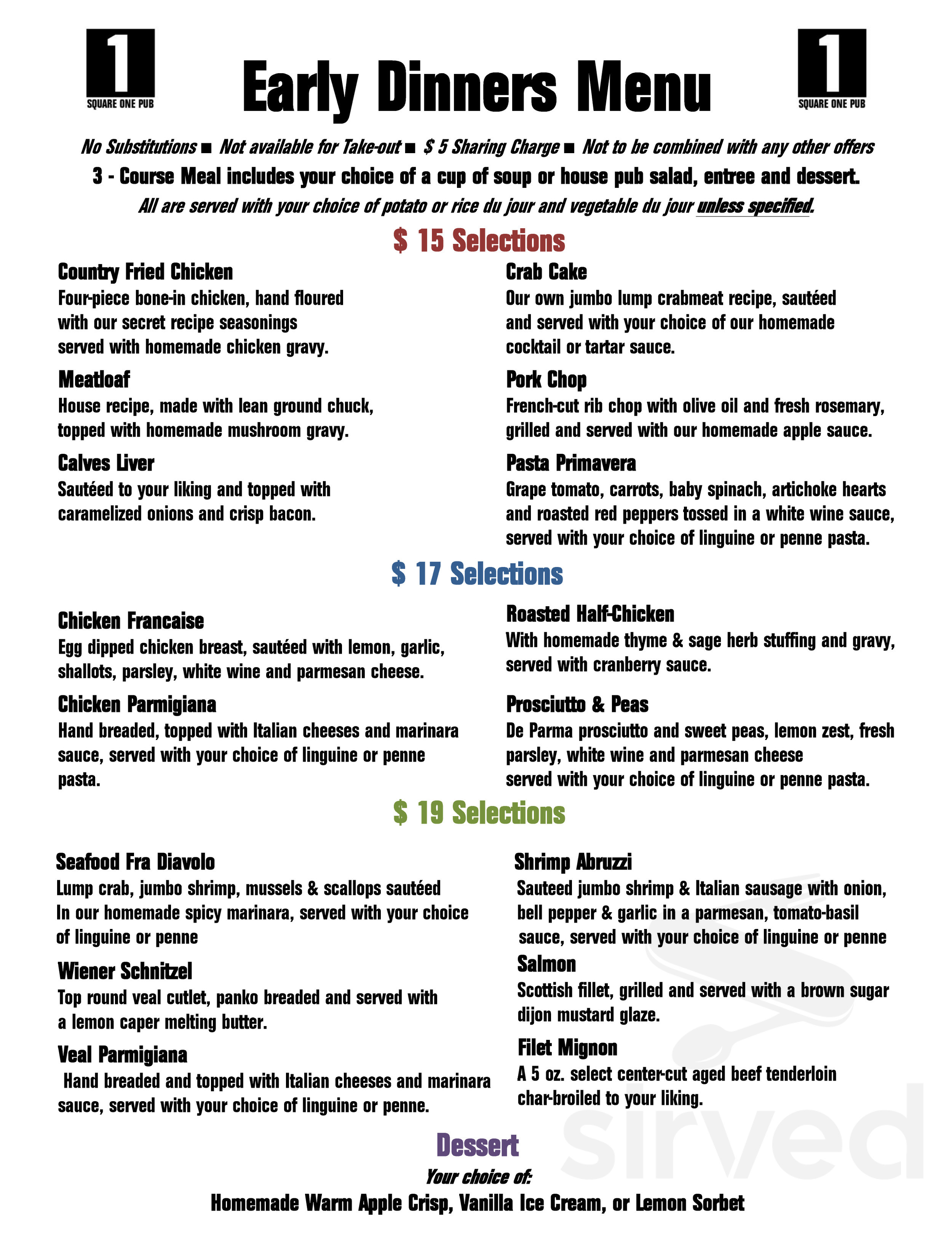 Square One Pub menu in New Hope, Pennsylvania, USA