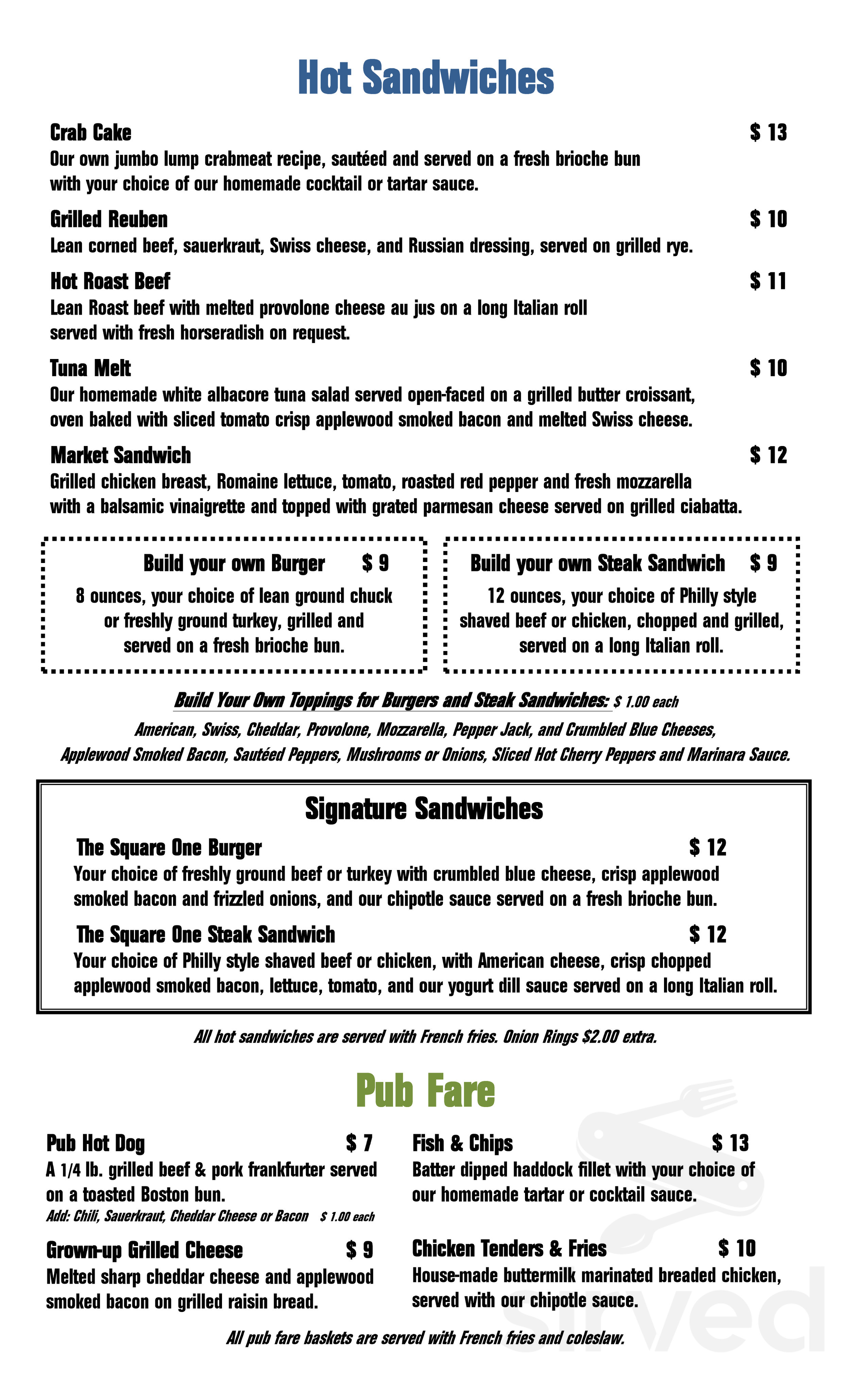 Square One Pub menu in New Hope, Pennsylvania, USA