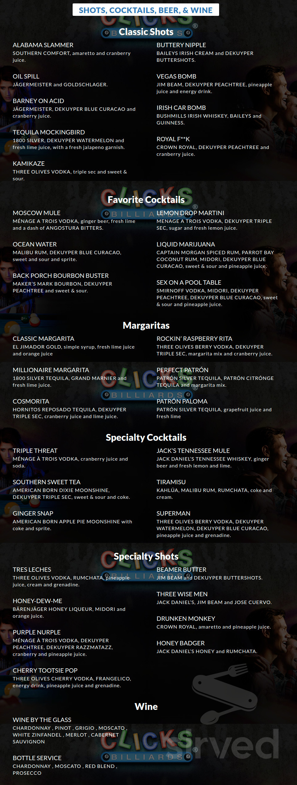 CLICKS Billiards Billiards, Games, Sports, Bar & Grill menus in Waco