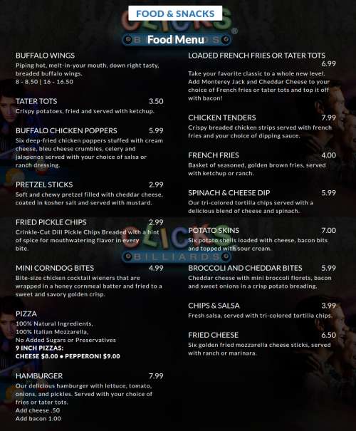 CLICKS Billiards Billiards, Games, Sports, Bar & Grill menu in Waco, Texas, USA