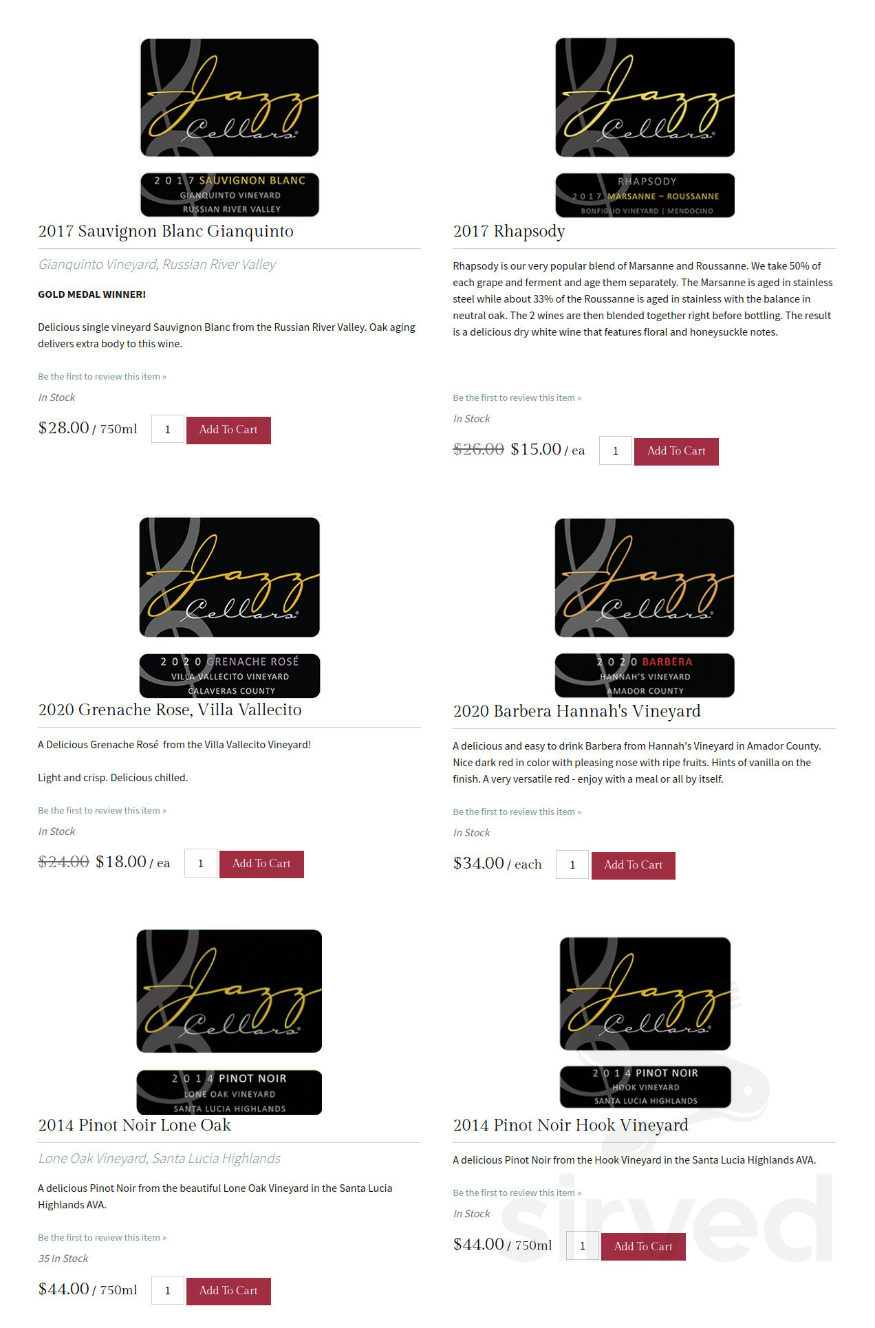 Jazz Cellars Winery menu in Murphys, California, USA