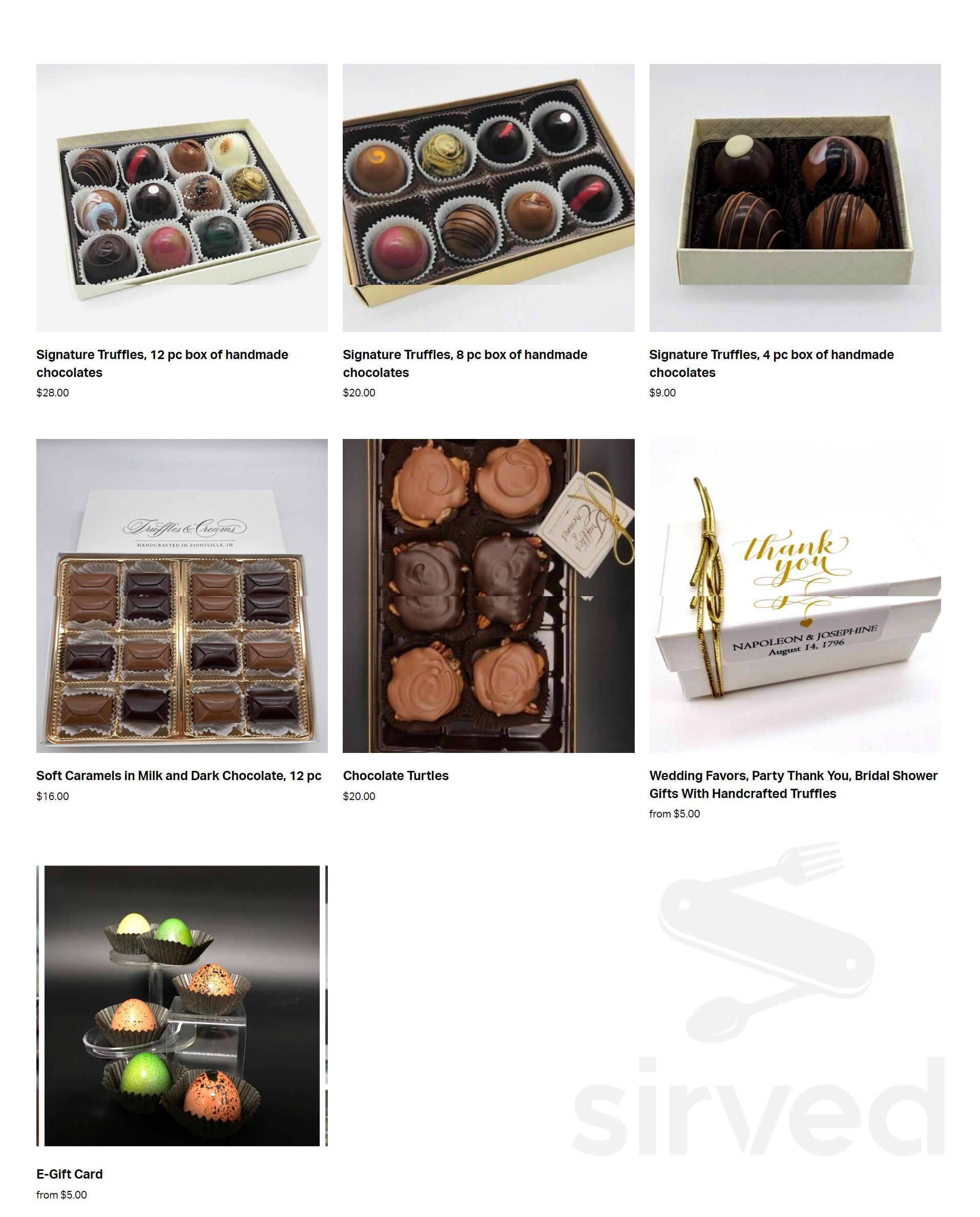 Menu Zionsville IN's Truffles & Creams Chocolatier Sirved