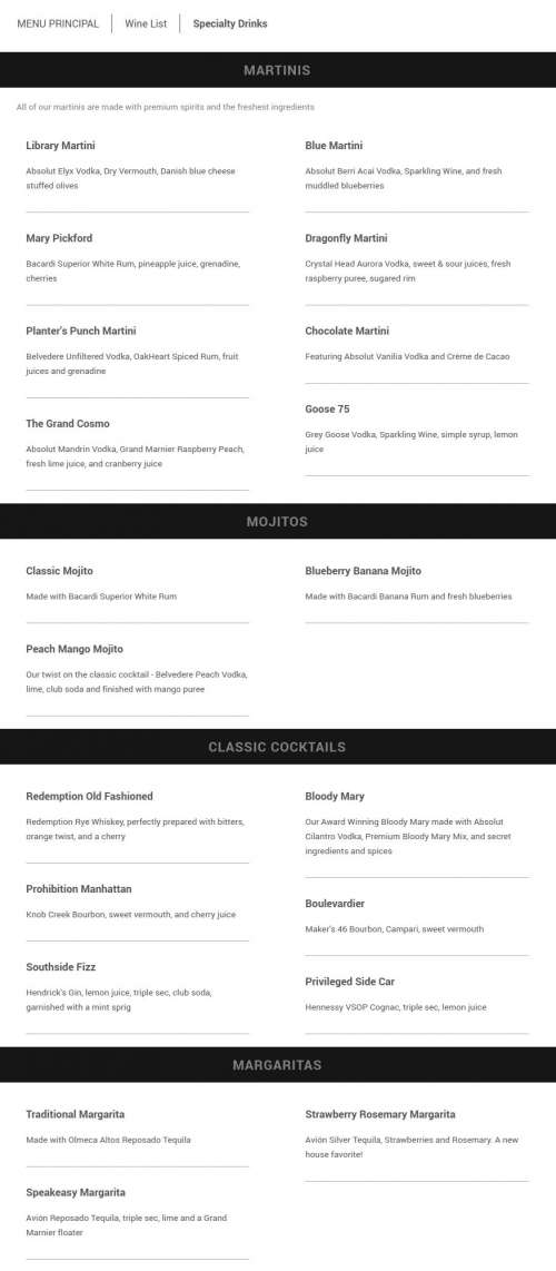 The Library Restaurant menu in Myrtle Beach, South Carolina, USA