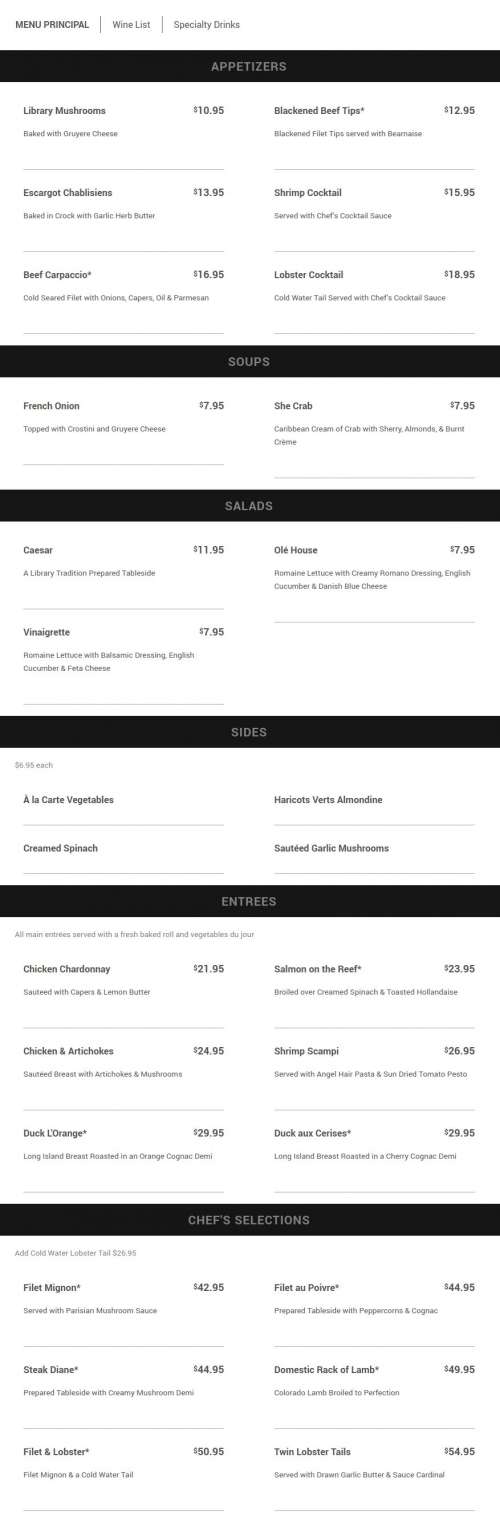 The Library Restaurant menu in Myrtle Beach, South Carolina, USA