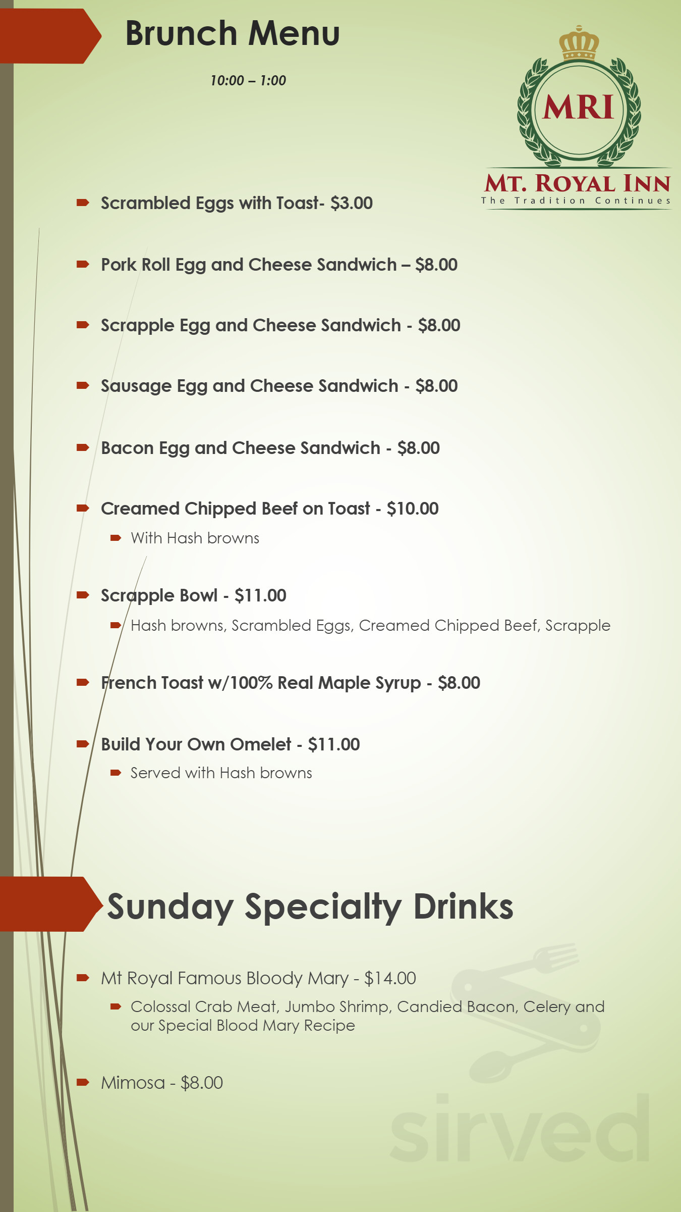 Mt Royal Inn menu in Mt Royal, New Jersey, USA