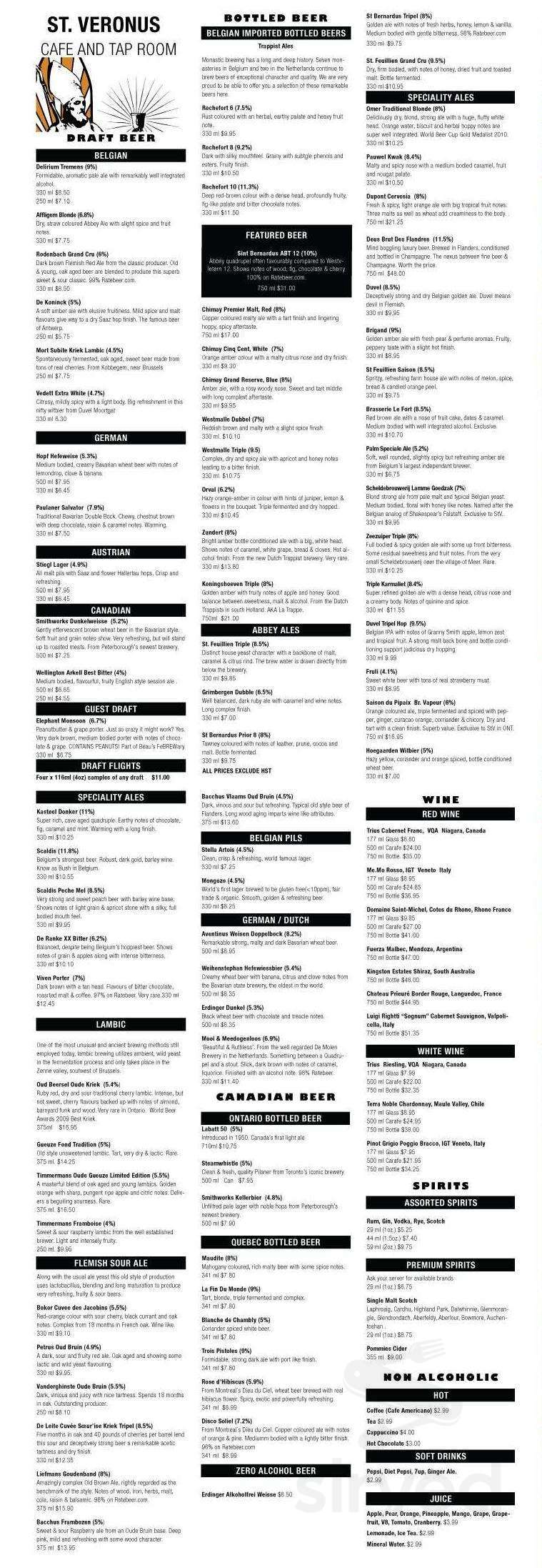 St Veronus Cafe and Tap Room drink menu in Peterborough, Ontario