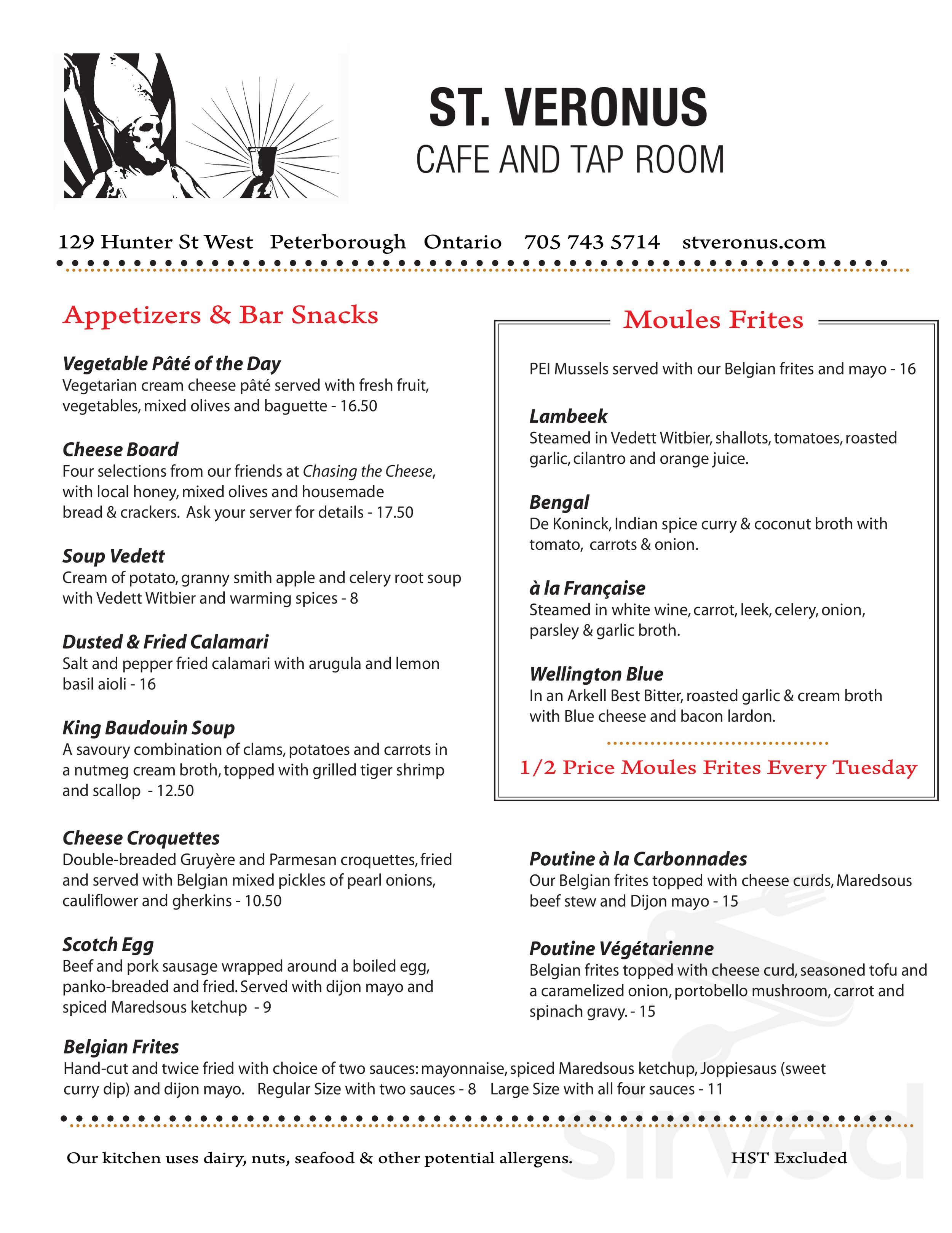 St Veronus Cafe and Tap Room menu in Peterborough, Ontario