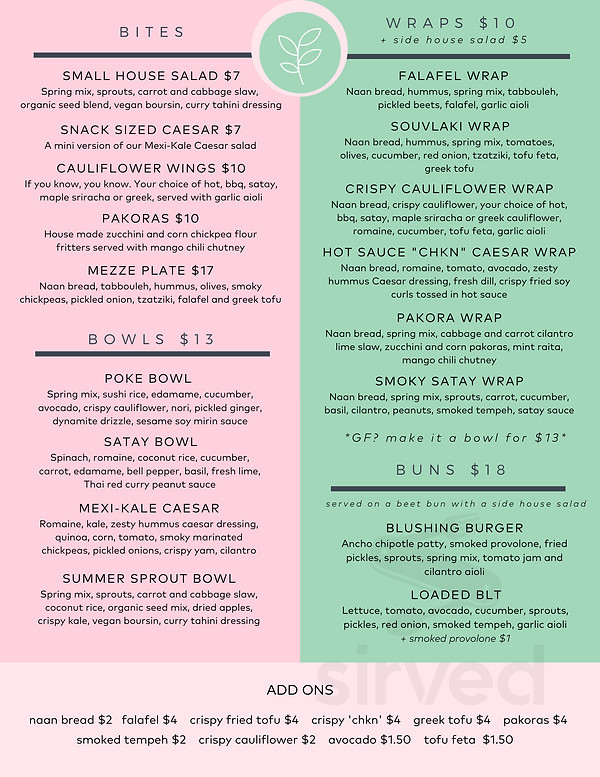 Sprout Plant Based Eatery menu in Nelson, British Columbia