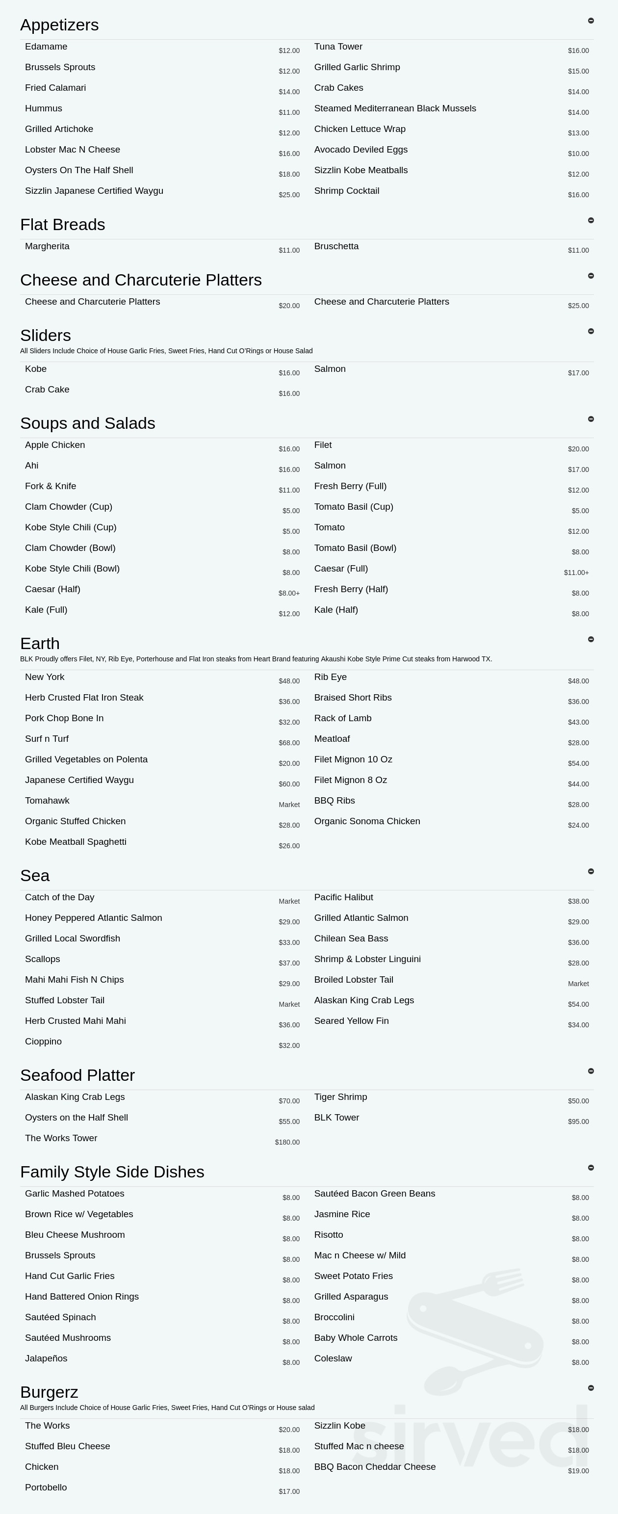 BLK Earth Sea Spirits menu in Huntington Beach, California