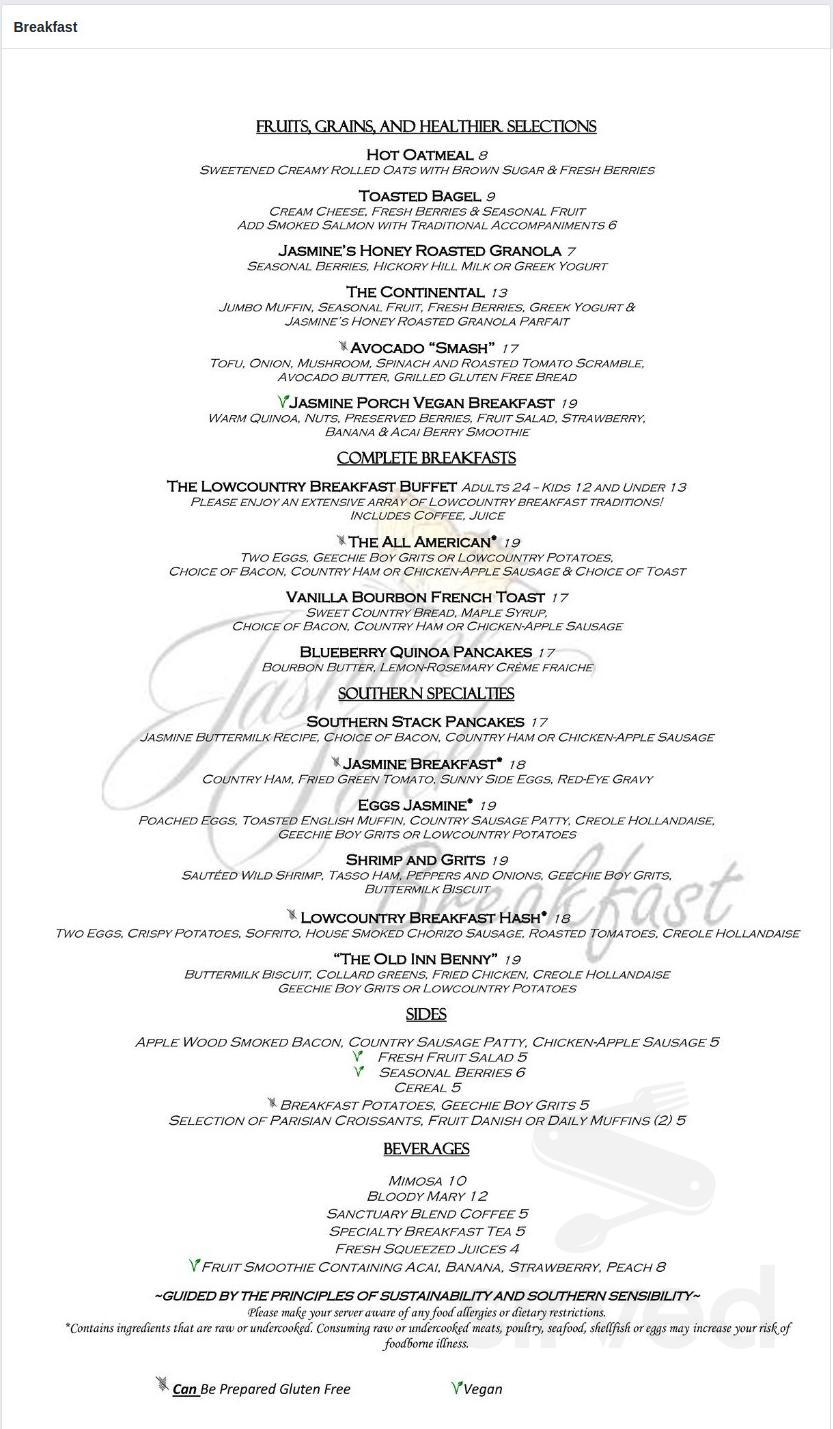 Jasmine Porch at The Sanctuary menu in Kiawah Island, South Carolina, USA