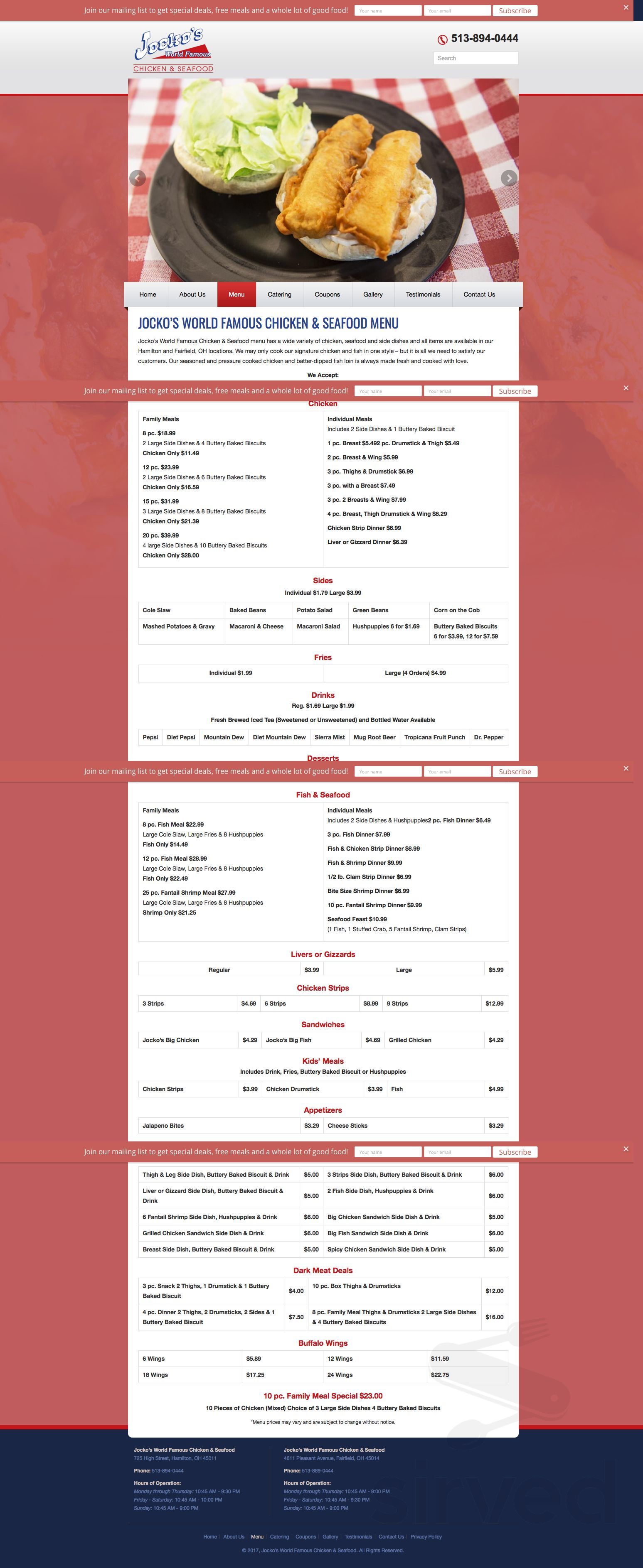 Menu for Jocko's Chicken & Seafood in Hamilton, OH Sirved