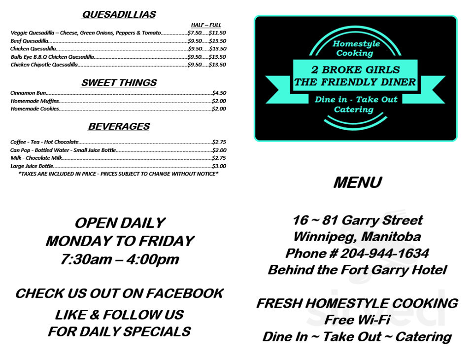 Menu for 2 BROKE GIRLS THE FRIENDLY DINER in Winnipeg, MB | Sirved