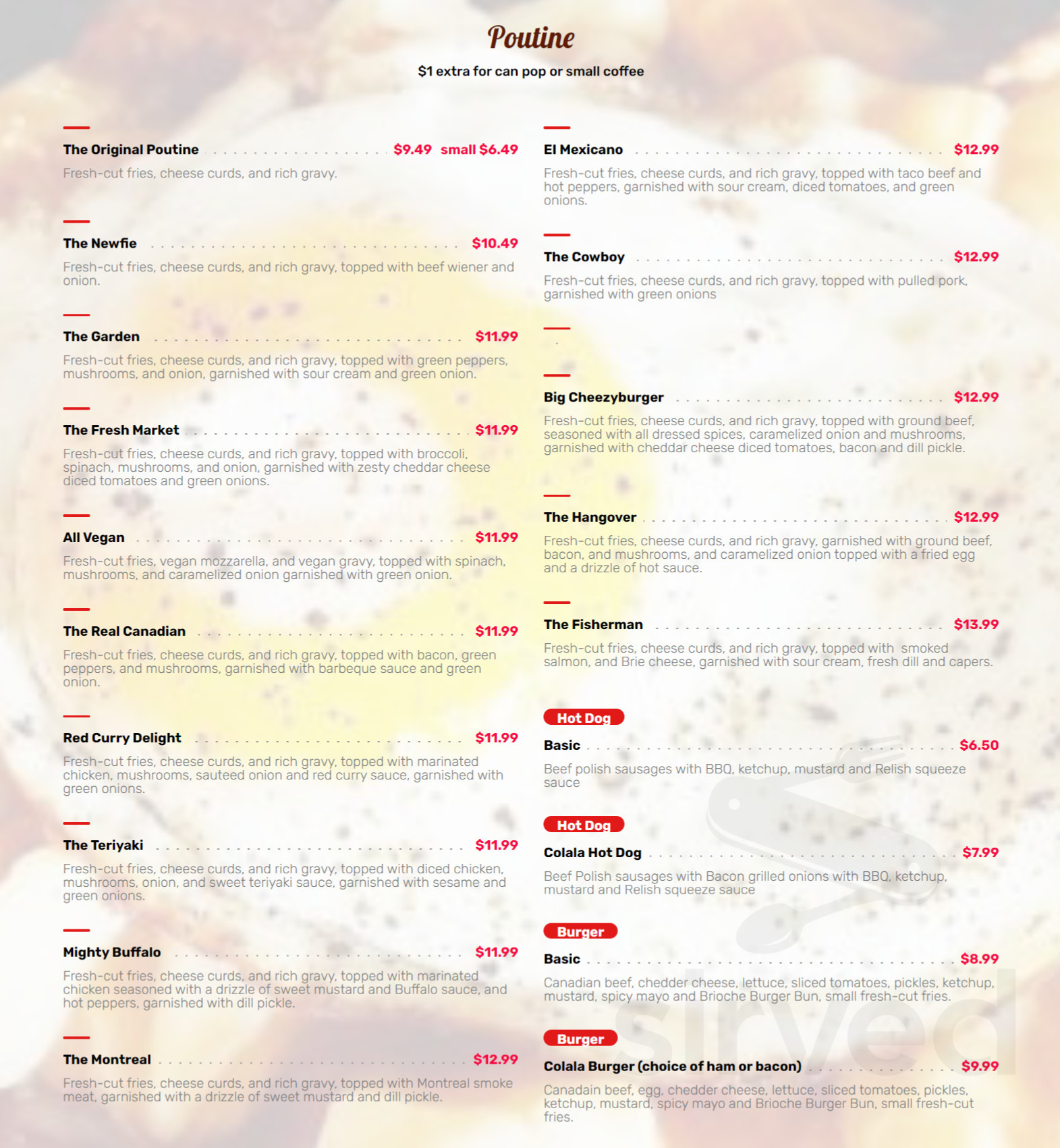 Colala Poutine & Bar menu in Beaverton, Ontario, Canada