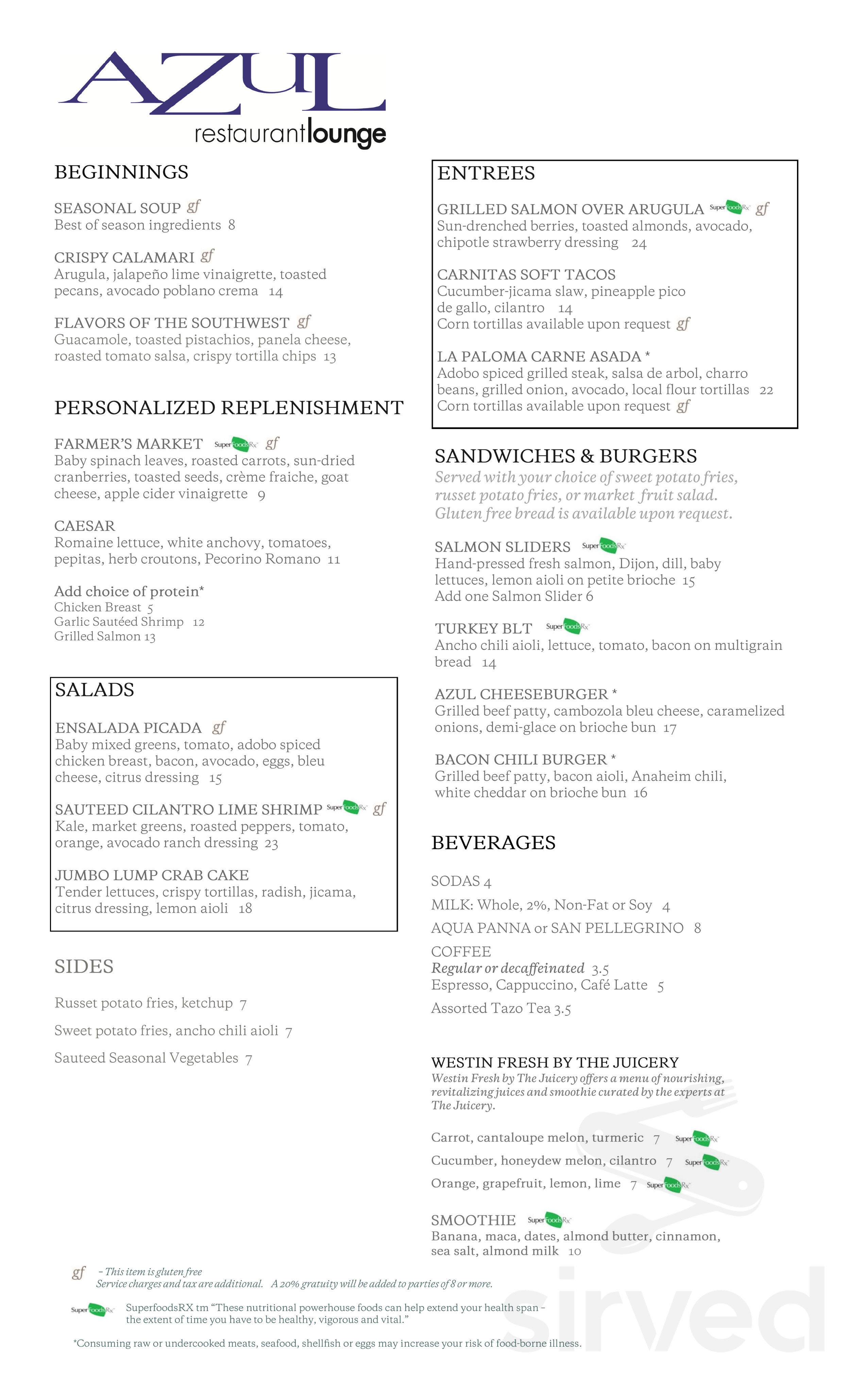 Azul Restaurant and Lounge menu in Tucson, Arizona, USA