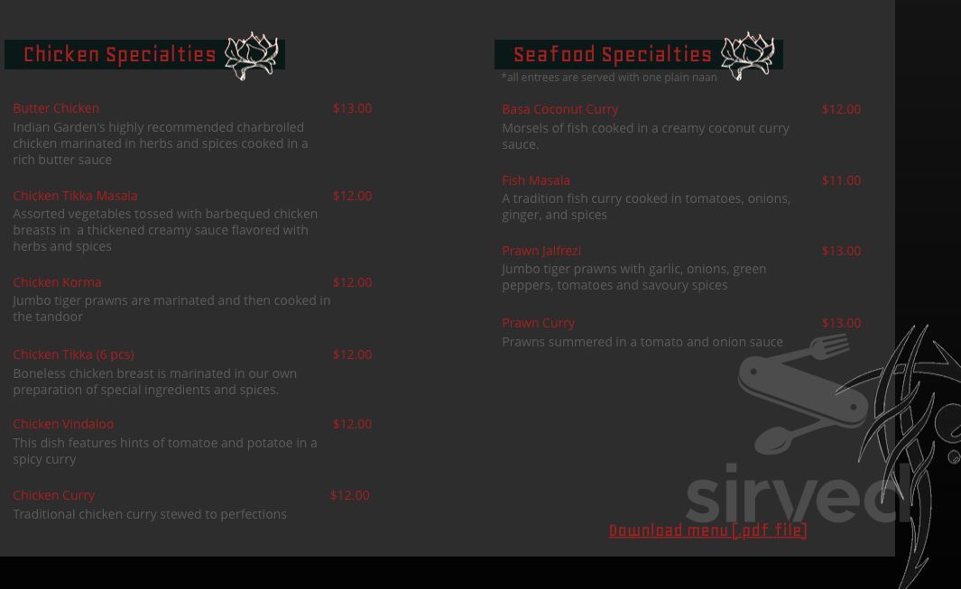 India Garden Restaurant menu in Edmonton, Alberta, Canada