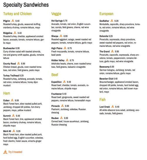 Yampa Sandwich Company menu in Fort Collins, Colorado, USA