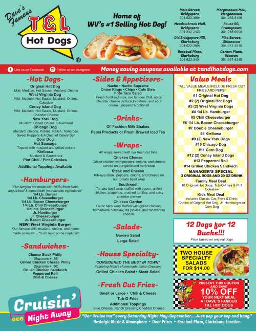 Daves Famous T & L Hot Dogs menu in West Virginia, USA