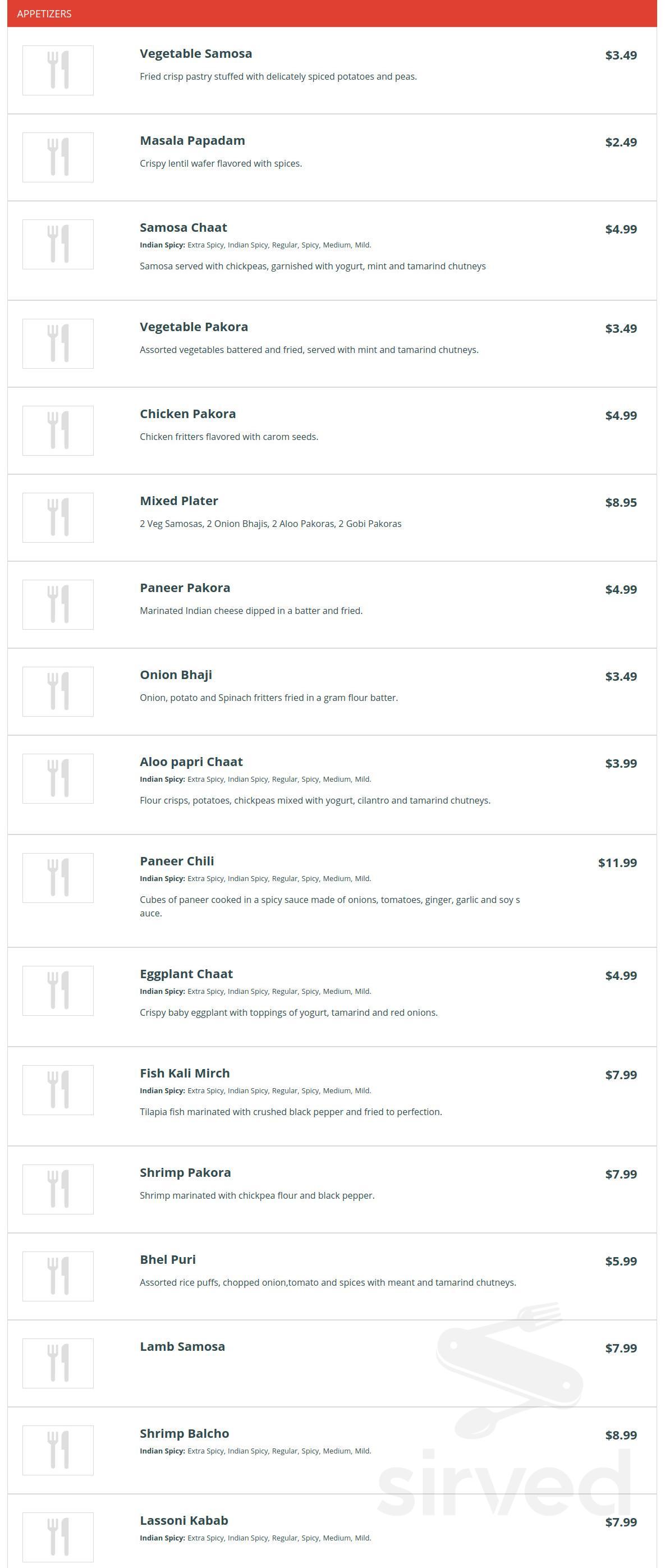 Khana Indian Bistro menu in Hershey, Pennsylvania
