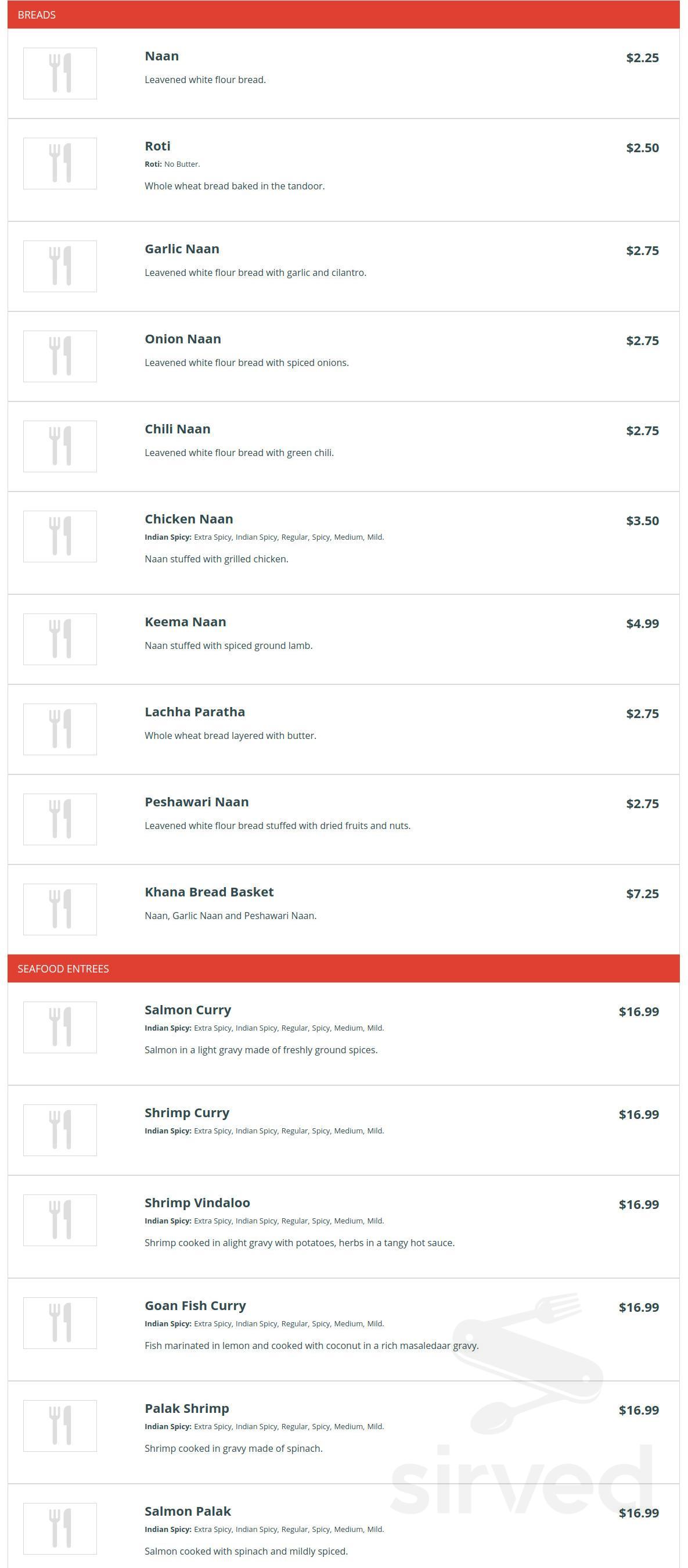 Khana Indian Bistro menu in Hershey, Pennsylvania