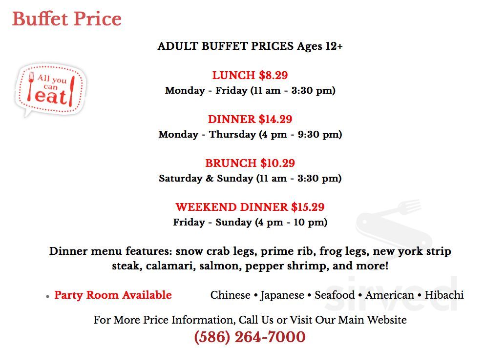 Menu for Hibachi Buffet (Buffet is Open) in Sterling Heights, MI | Sirved