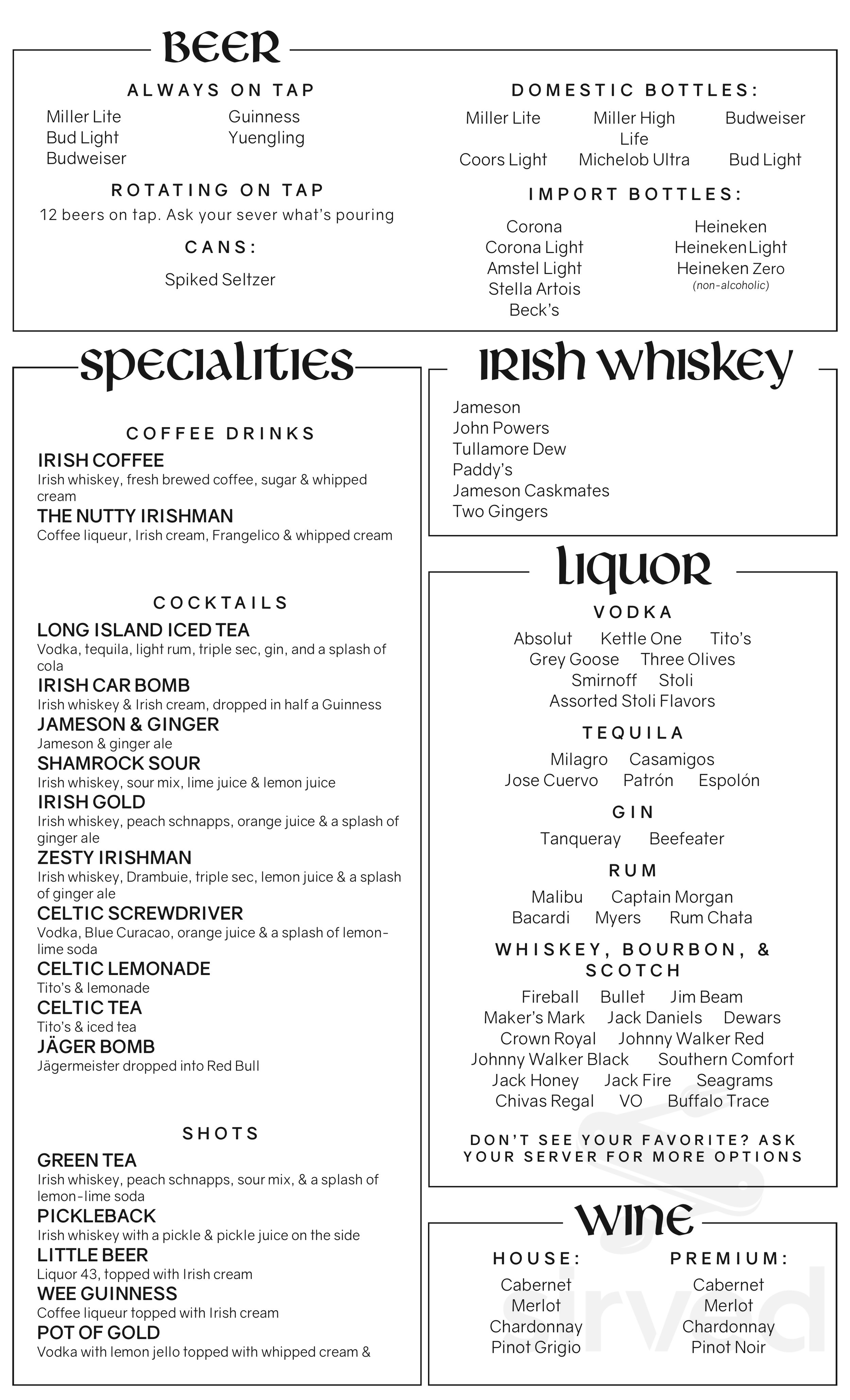 Celtic Cottage Pub and Patio Bar menu in Long Branch, New Jersey, USA