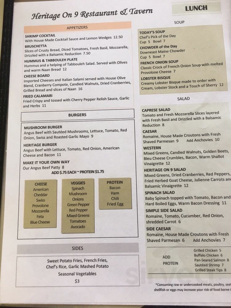 Menu for Heritage On 9 Restaurant & Tavern in Eddington, ME Sirved