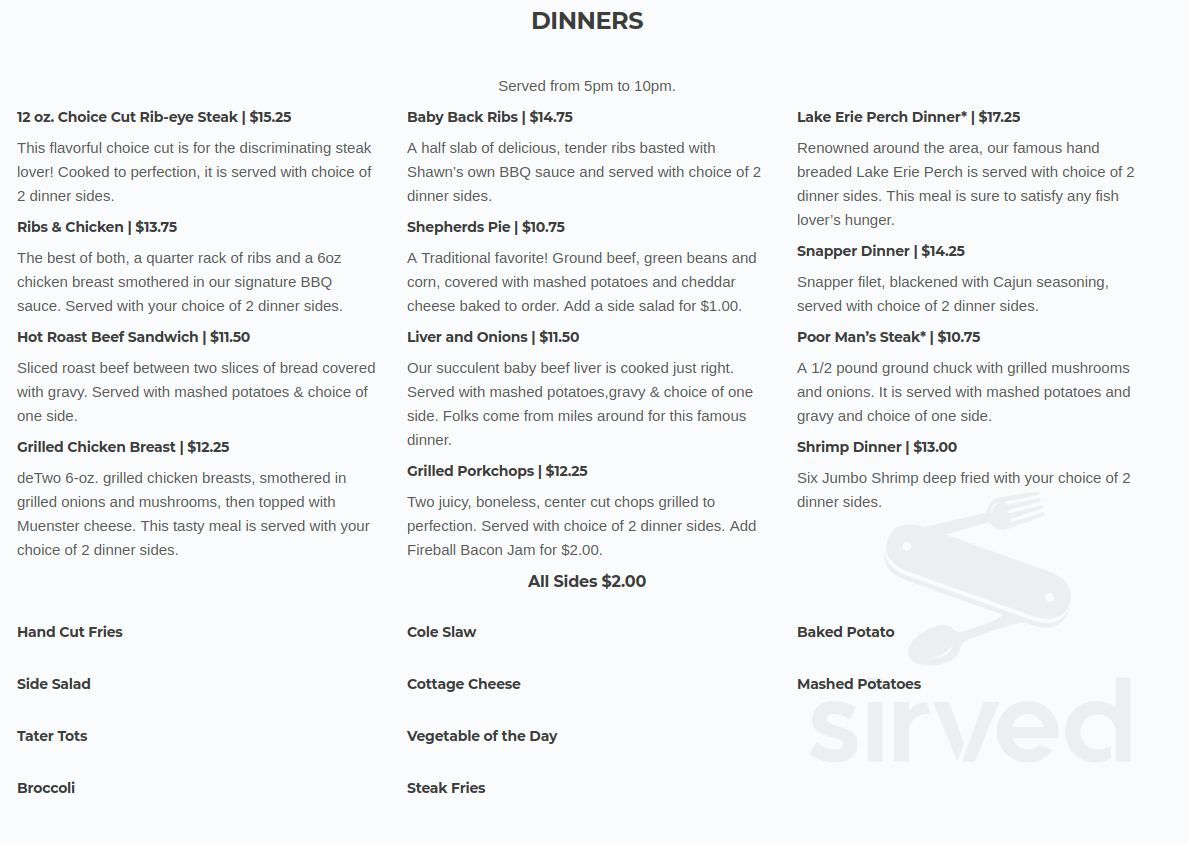 Menu Toledo OH's Shawn's Irish Tavern Sylvania Sirved