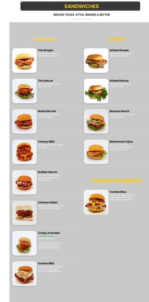 Super Chix menu in Frisco, Texas, USA