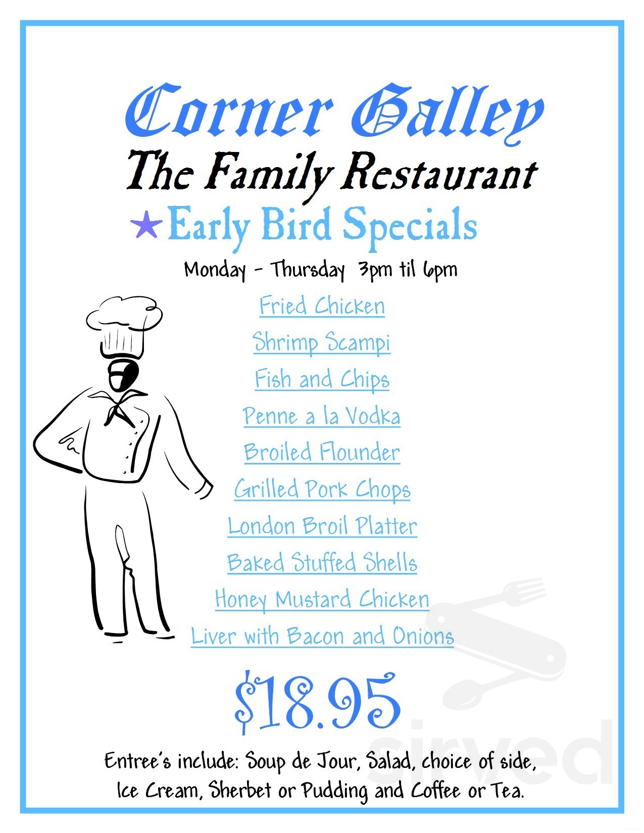 Menu Massapequa NY's Corner Galley Sirved