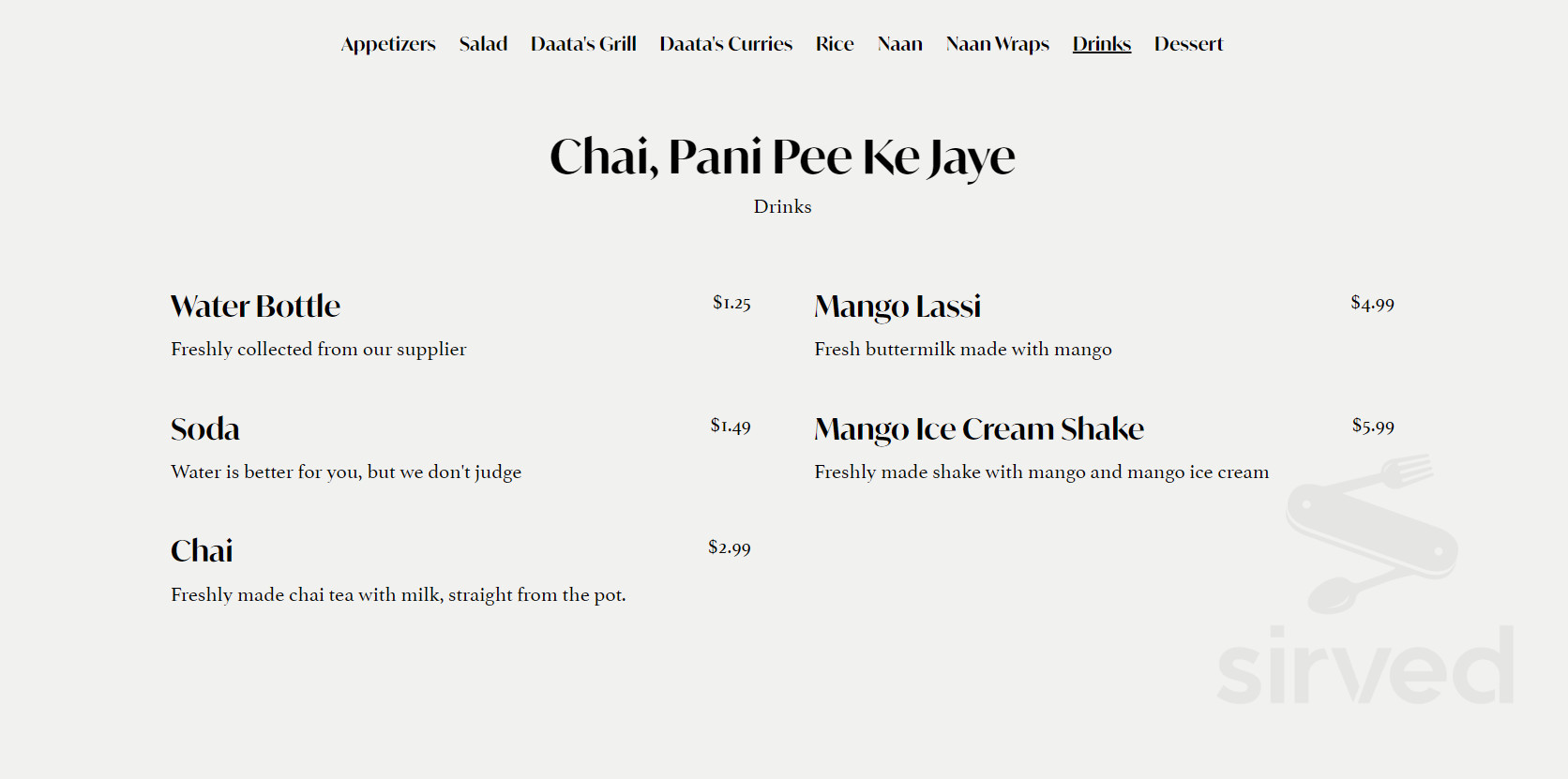 Daata Grill menu in Milton, Ontario, Canada