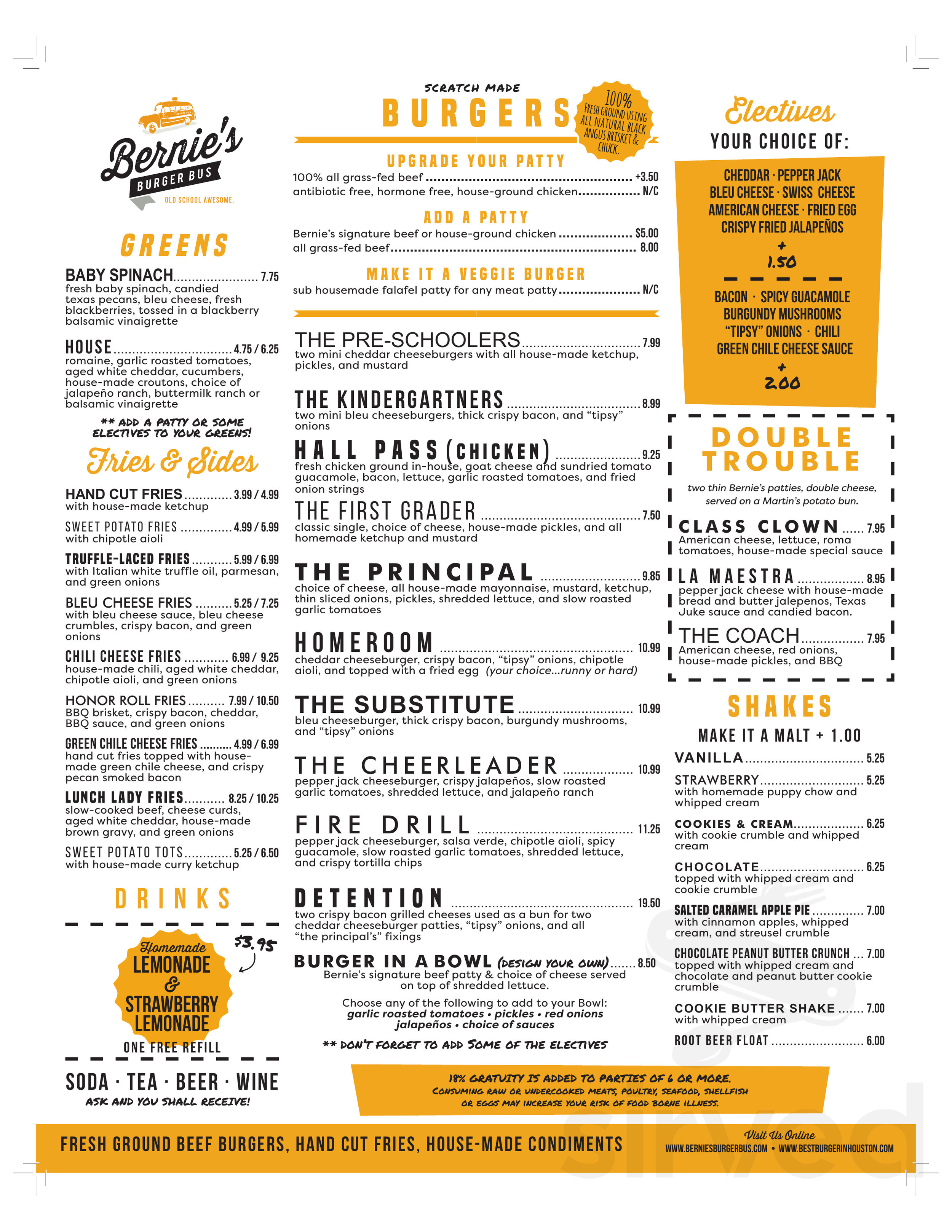 Bernie's Burger Bus menu in Katy, Texas, USA
