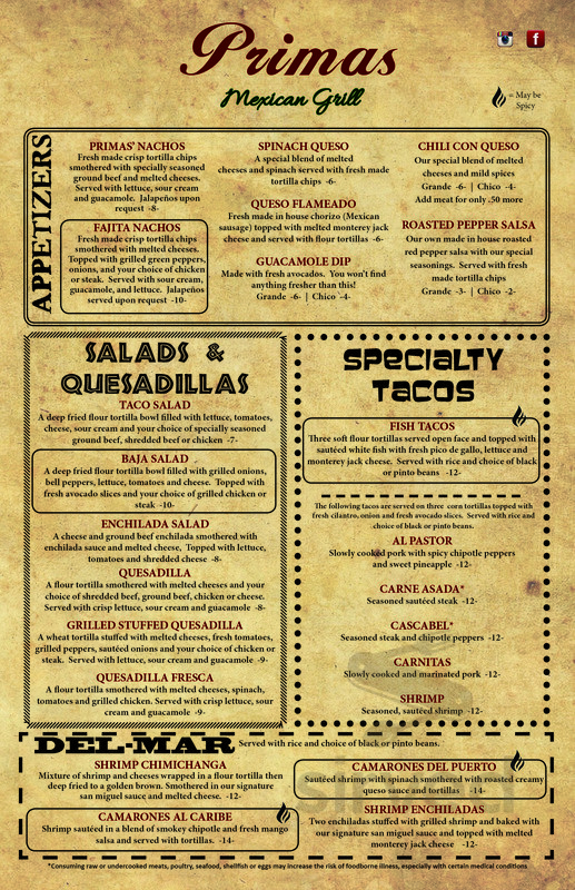 Primas Menu Primas Mexican Kitchen menu in Springfield, Missouri, USA