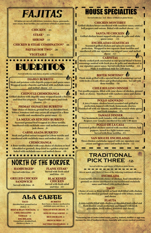 Primas Menu Primas Mexican Kitchen menu in Springfield, Missouri, USA