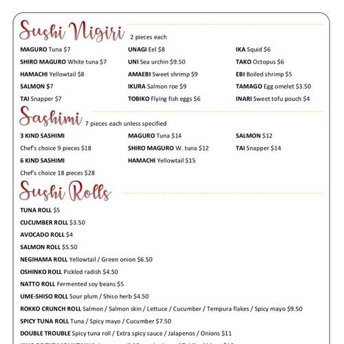 Rokko menu in Sunnyvale, California, USA