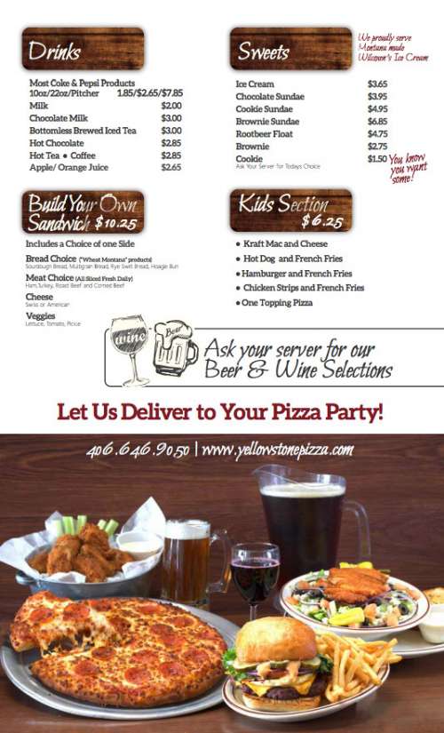 Gusher Pizza & Sandwich Shoppe menu in West Yellowstone, Montana, USA
