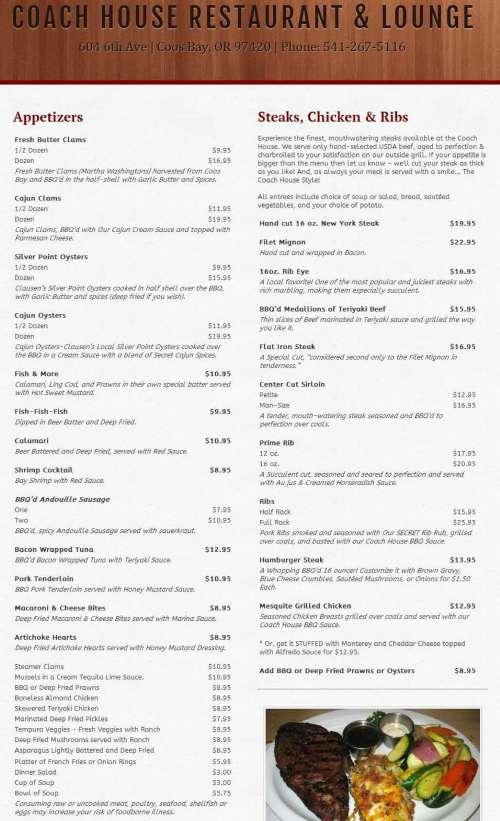 Coach House menu in Coos Bay, Oregon, USA