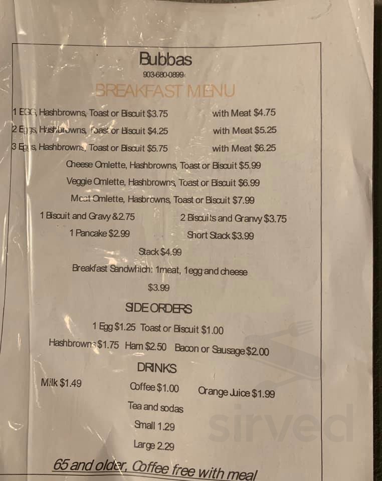 Bubba's Fat Burgers & BBQ menu in Gilmer, Texas, USA