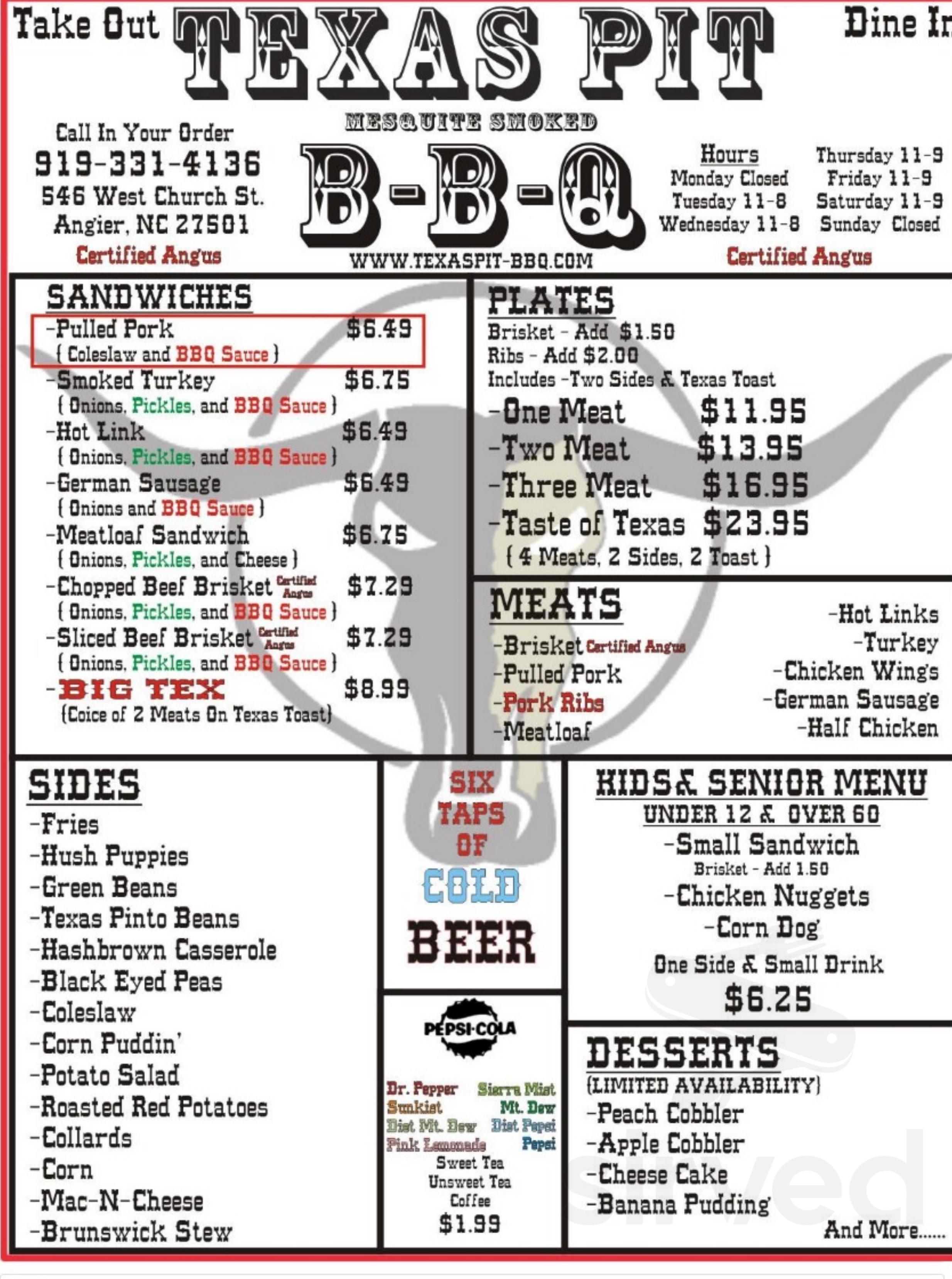 Texas Pit BBQ menu in Angier, North Carolina, USA