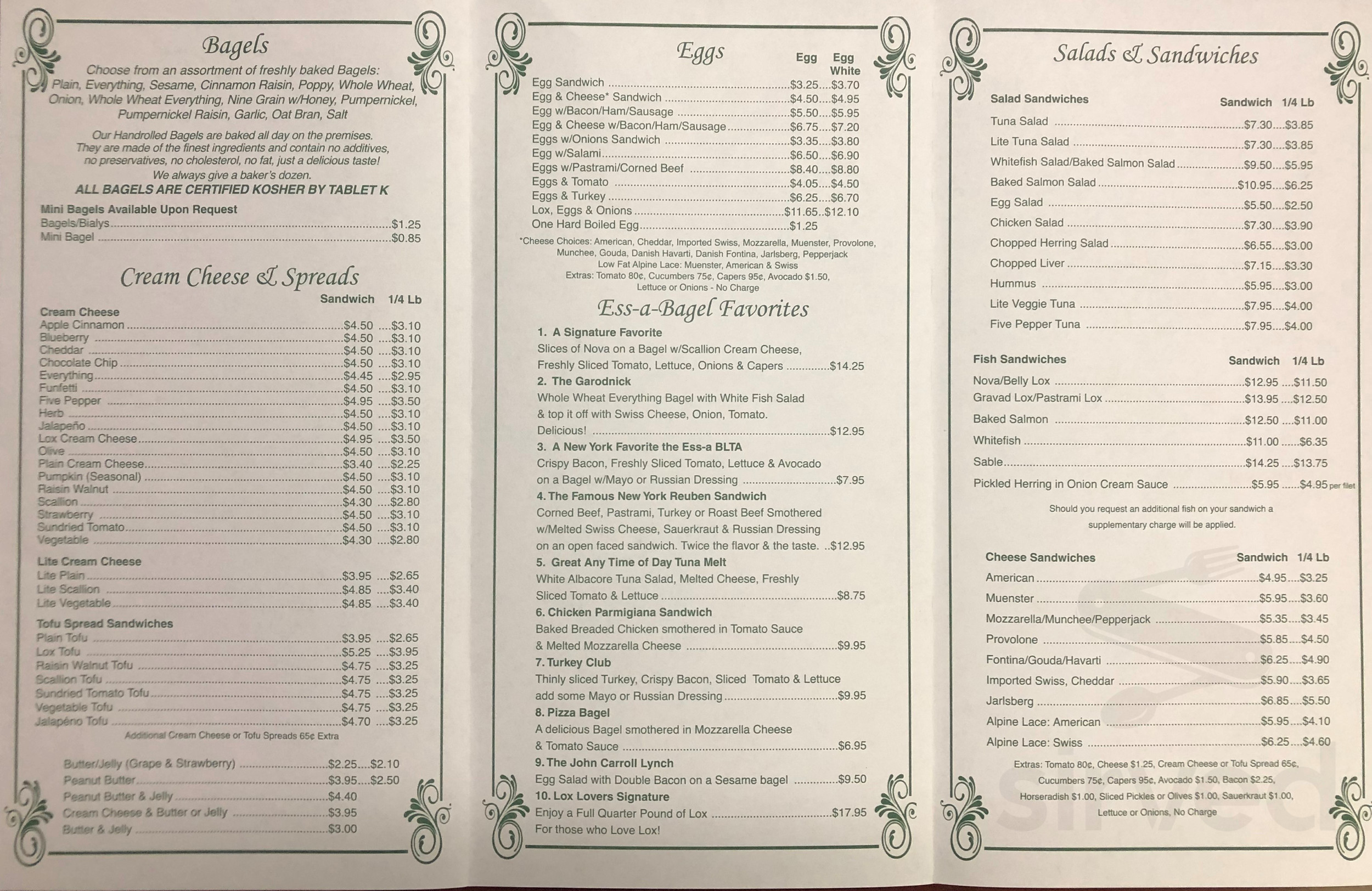 Ess A Bagel Menu In New York New York Usa Ess A Bagel Menu In New York New York Usa