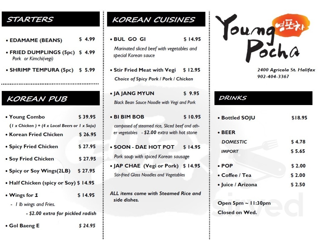 Young Pocha Korean Restaurant menu in Halifax, Nova Scotia