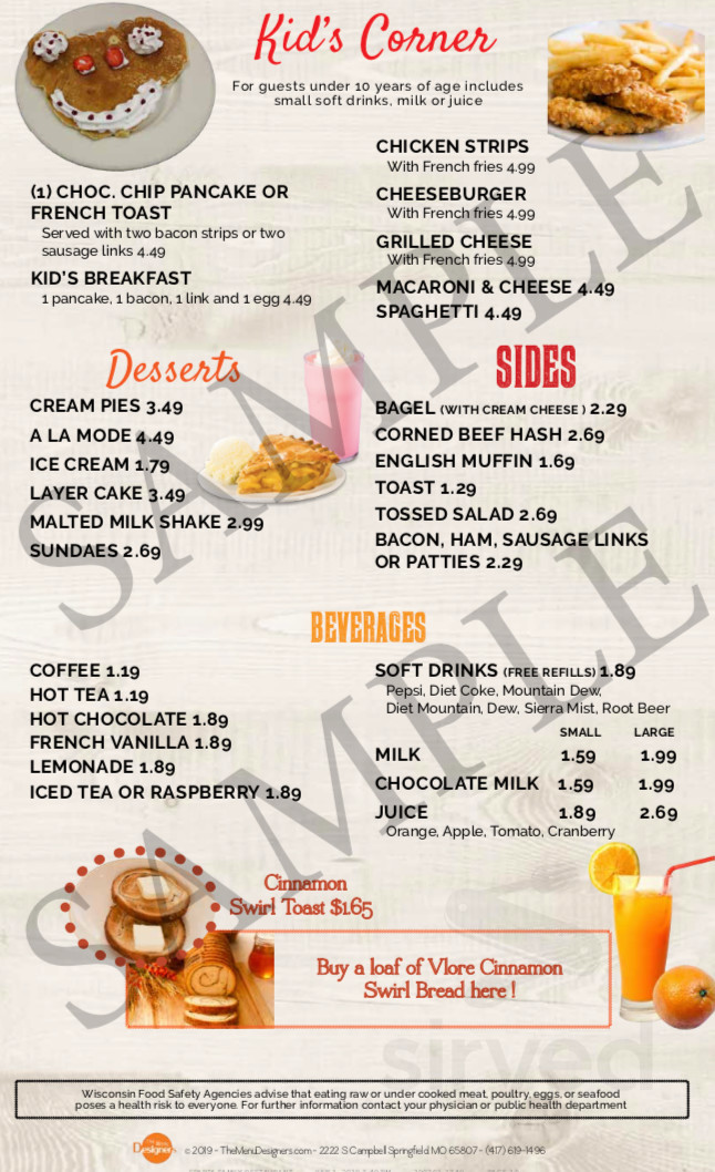 Sparta Family Restaurant menu in Sparta, Wisconsin, USA