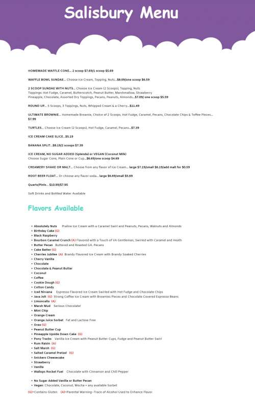 Island Creamery menu in Salisbury, Maryland, USA