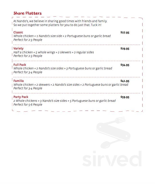 Nando's PERi-PERi menus in Langley, British Columbia, Canada