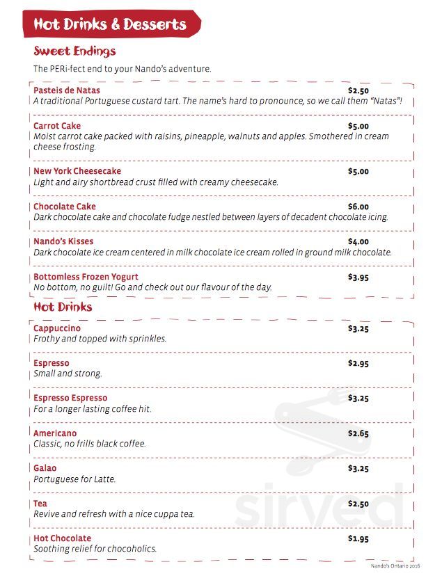 Nando's PERi-PERi menus in Langley, British Columbia, Canada