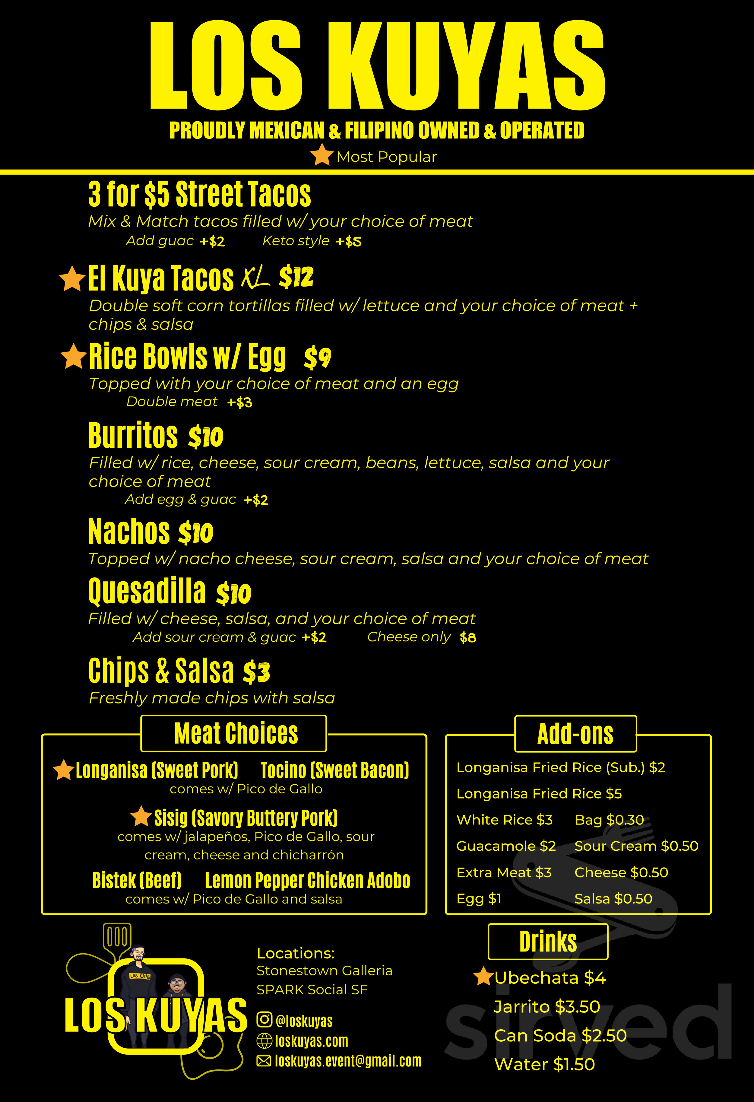 Menu for Los Kuyas in San Francisco, CA | Sirved